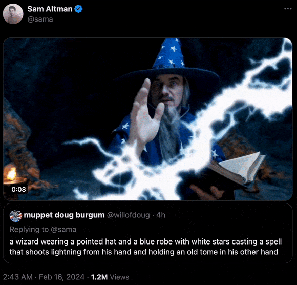 一位戴着尖頂帽，身披綉有白色星星的藍色長袍的巫師正在施法，他的一隻手射出閃電，另一隻手中拿着一本舊書。（Sam Altman 社交平台X圖片）