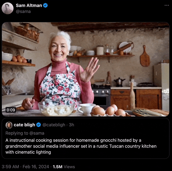 在一間擁有電影級燈光設置的充滿托斯卡納鄉村風情的廚房裏，一位擅長利用社交媒體的奶奶，正在教你製作美味的自製諾奇面。（Sam Altman 社交平台X圖片）