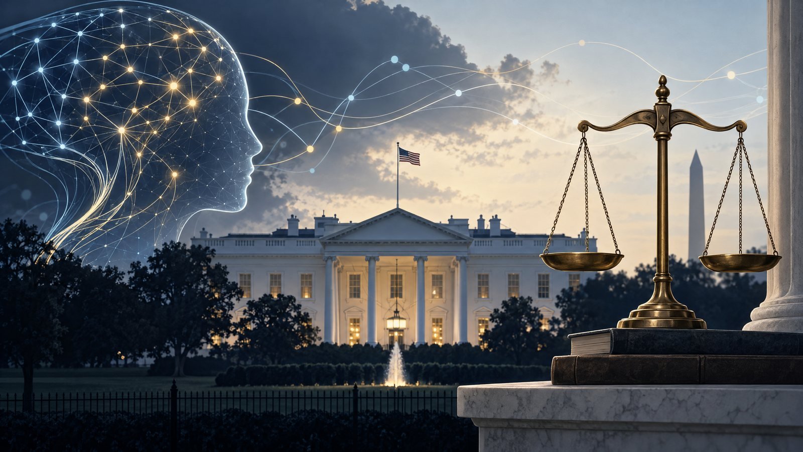 白宮與 AI 神經網路圖像交織，呈現 Super Intelligence 政策議題