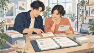 兩位同事共同檢視提示詞卡片與版本紀錄，將 AI 提示詞整理為團隊共用資產