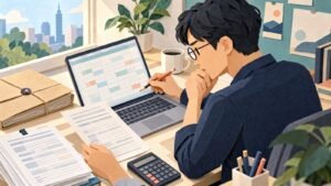 分析人員對照筆電試算表、原始紙本與計算機，檢查 AI 分析結果