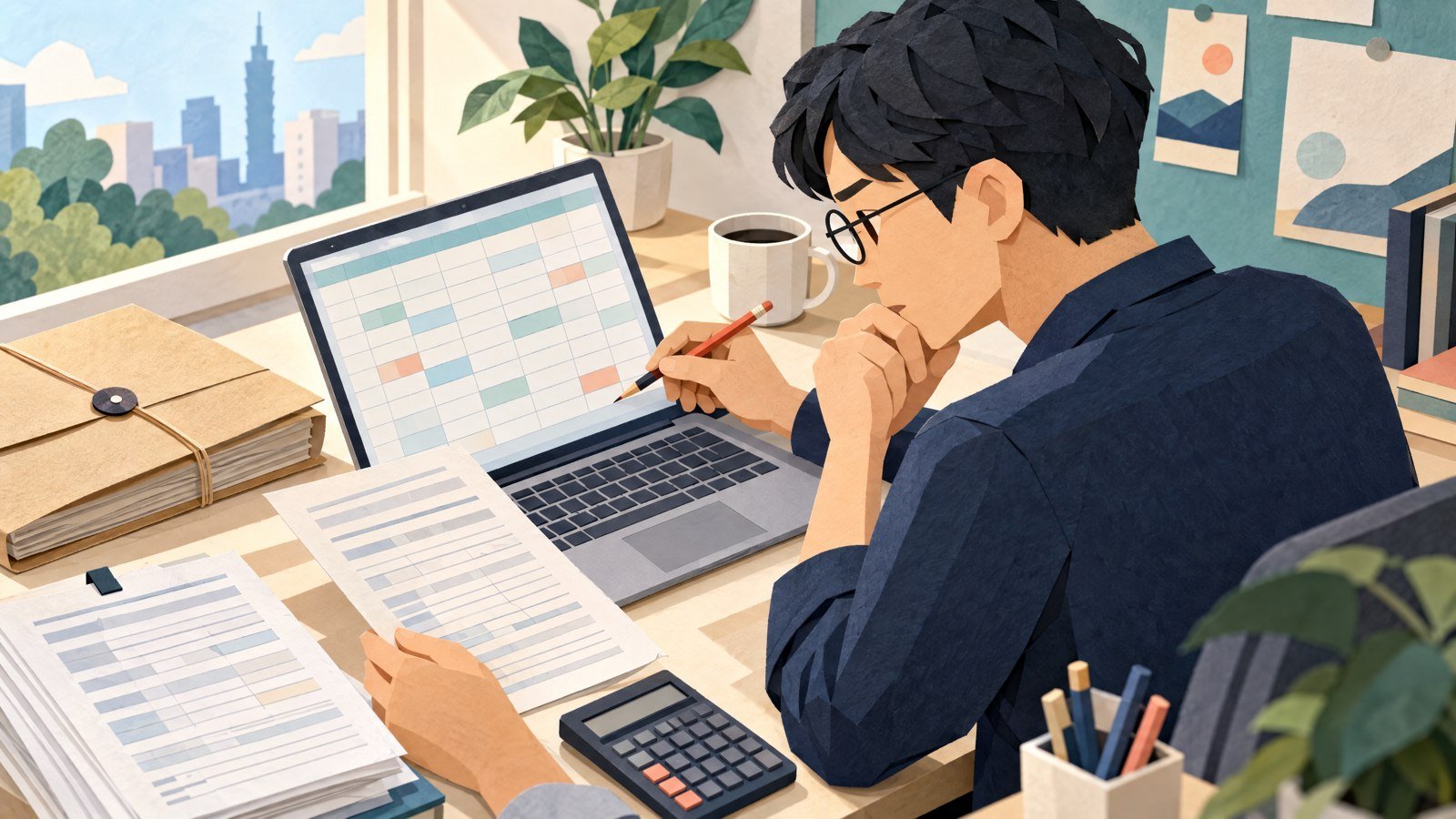 分析人員對照筆電試算表、原始紙本與計算機，檢查 AI 分析結果