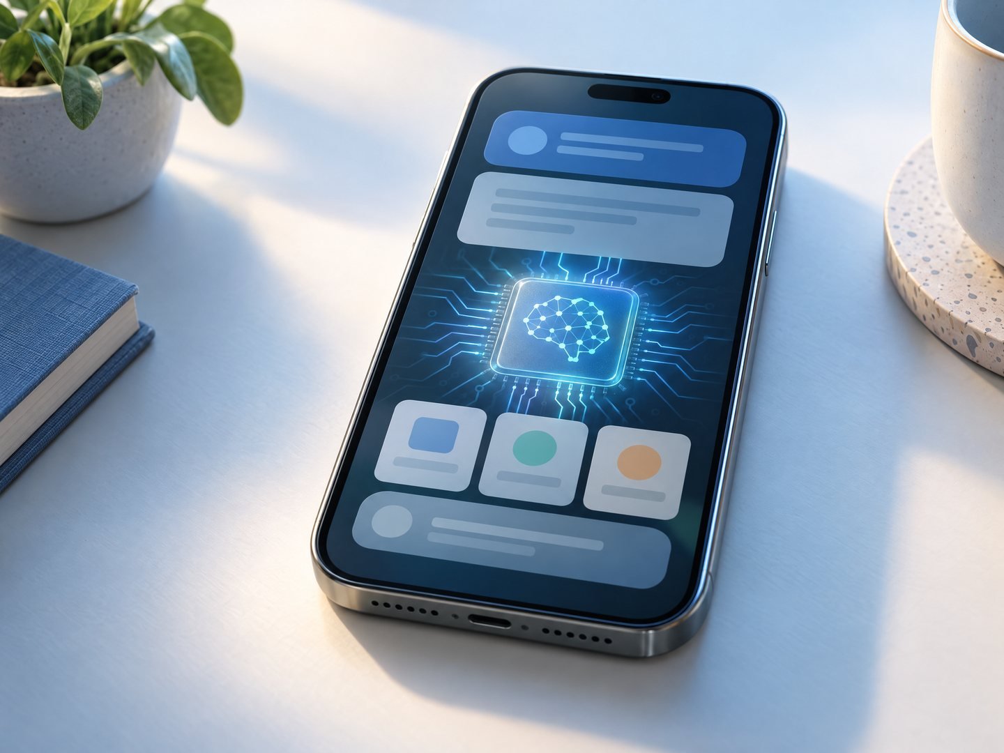 智慧型手機內的 AI 晶片概念示意，呈現端側 AI 在裝置本機運算