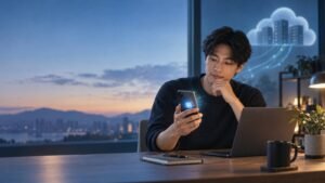 使用者以手機操作端側 AI，背景呈現雲端運算概念