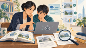 老師與學生並肩比對 AI 回答、書籍與資料來源的教育插畫