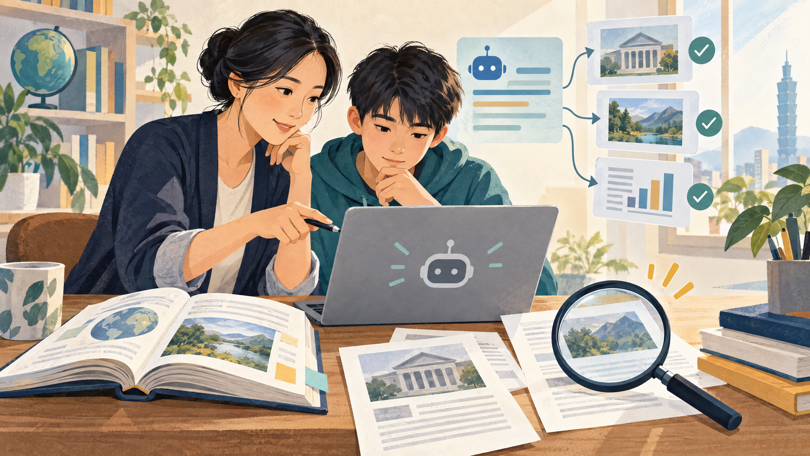 老師與學生並肩比對 AI 回答、書籍與資料來源的教育插畫