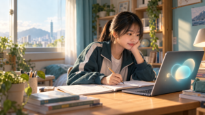 學生在書桌前檢視數學錯題，筆記本與筆電呈現 AI 陪伴學習情境
