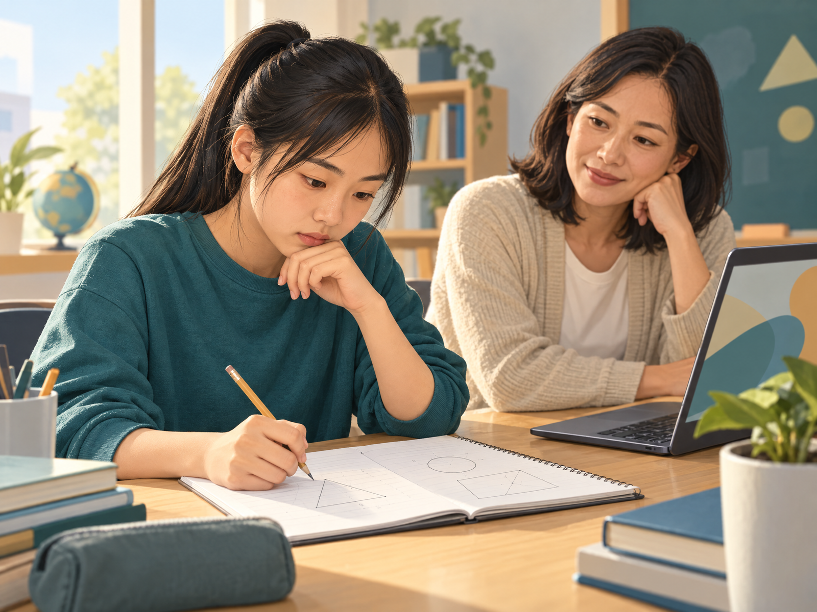 把錯題變成下一步:用 AI 做一位不直接給答案的錯題教練 3 學生與老師並坐討論新的練習題,學生自行書寫並嘗試遷移解題方法