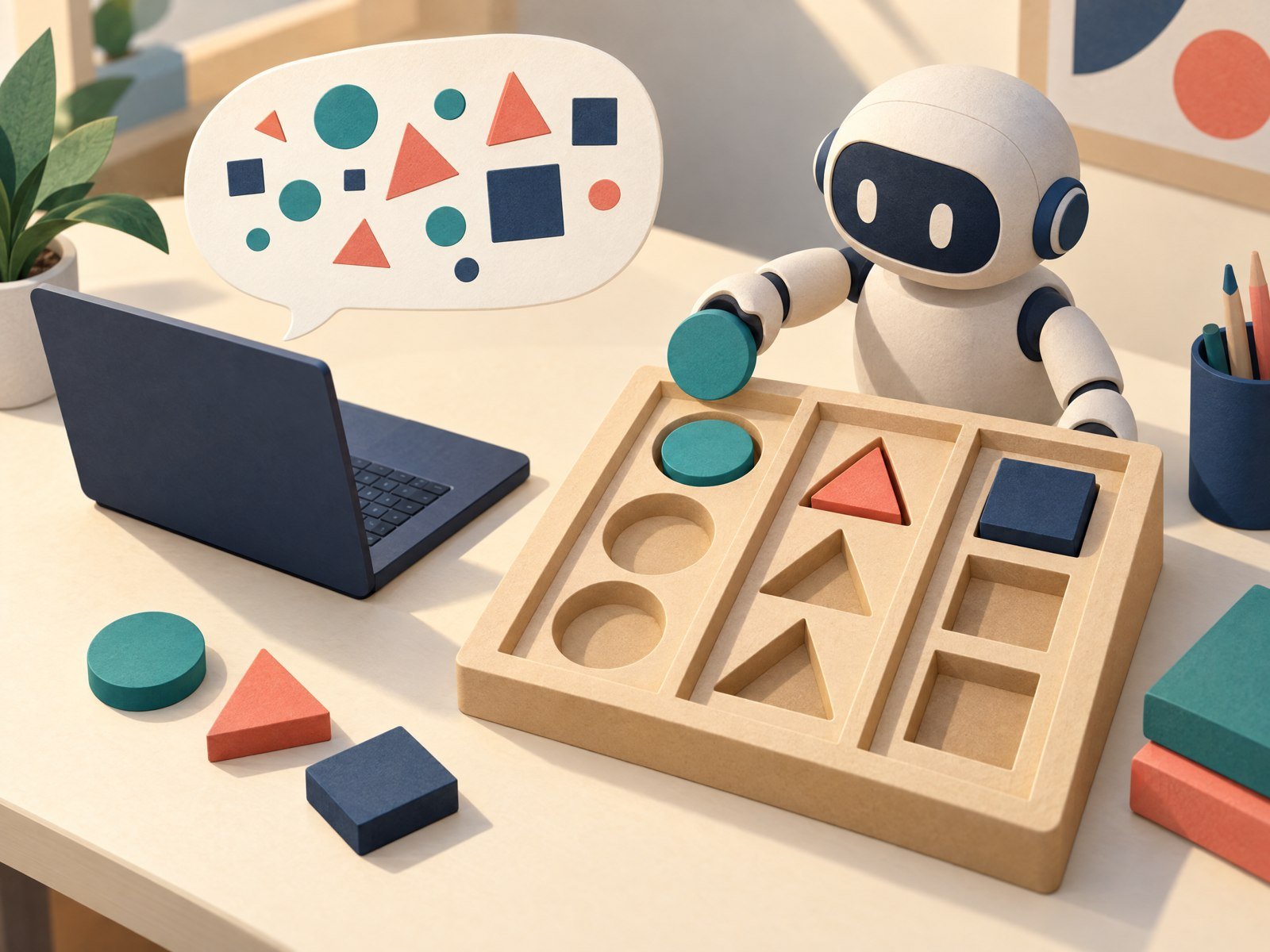 AI 結構化輸出是什麼?用 JSON Schema 把回答接進工作流程 2 不同形狀的積木放入對應欄位,比喻 JSON Schema 約束資料型別與結構